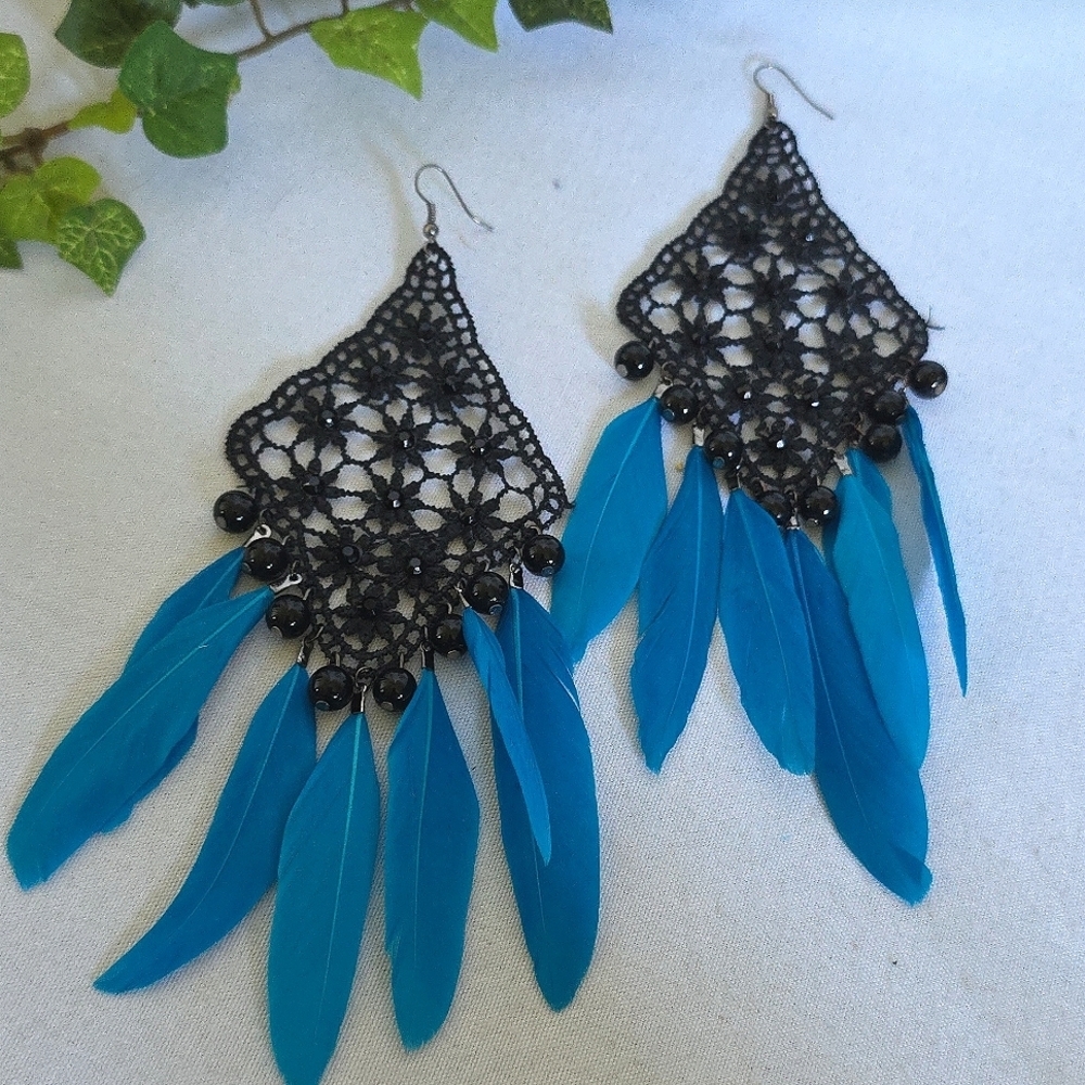 Statement Earrings Black Lace with Turquoise Blue Feathers
